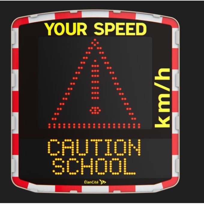 Radar informativ reducere viteza alimentare panou solar Semn de avertizare si mesaj text (portocaliu)